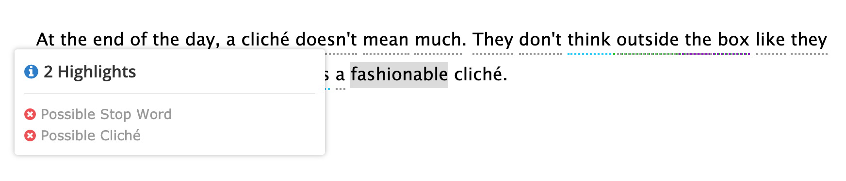 Screenshot of Readable cliche detector highlighting text | Readable, free readability test
